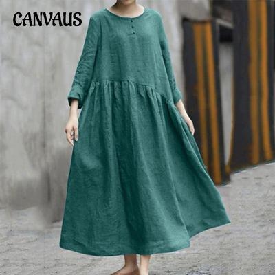 Plus Size Dress Solid Color Irregular Patchwork Round Neck Pocket Long Sleeve Dress Hem Long Dress