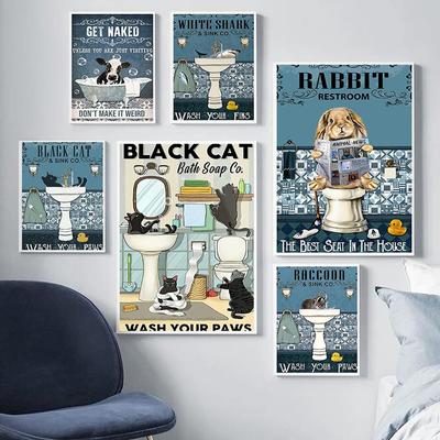 Chat noir requin lapin raton laveur toile peinture obtenir nu citation affiche imprimer mur photos pour toilette salle de bain décoration murale Cuadros
