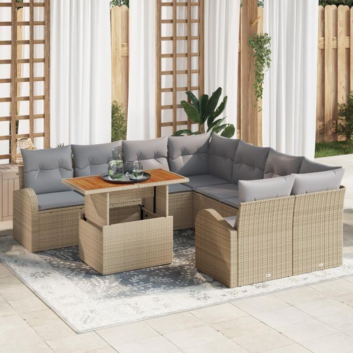 Ensemble de canapé de jardin 9 pièces avec coussins en rotin poly beige, Canapé de jardin 2 places avec rangement et 3358303