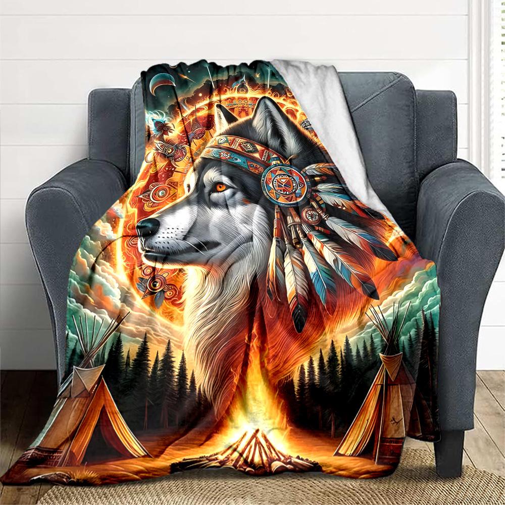 1PC Wolf Spirit Print Blanket, Soft Throw Blanket - Warm & Cozy for Couch, Bed, Office, and Travel Yy250912182