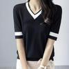 Damen Koreanischer Stil Schlankmachend Vielseitig Mode Gestricktes Oberteil Locker Farbblock V-Ausschnitt Einfarbig Kurzarm T-Shirt