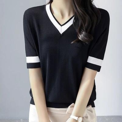 Top Maglia Sottile Versatile Moda Coreana da Donna T-shirt a Manica Corta Colore Unico Blocco di Colore Scollo a V Larga