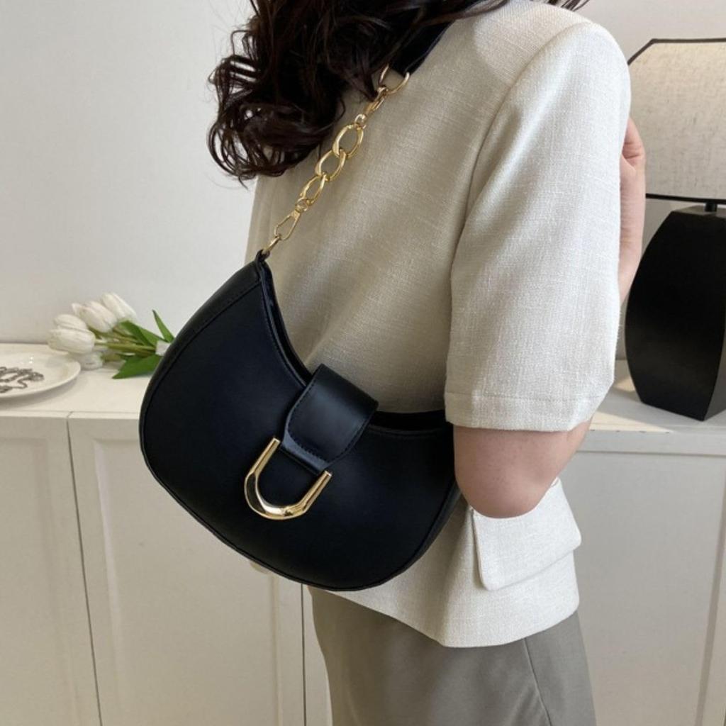 Leap Raupe Crescent-Shaped Shoulder Bag, Small Half-Moon Bag, PU Leather, Women's, Black