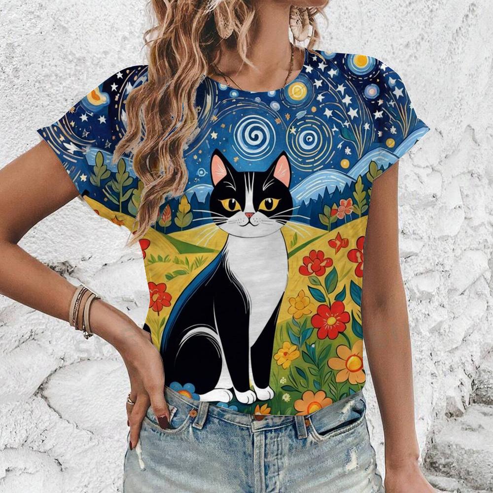 Tricou Elegant de Damă 2024 Fashion Imprimeu Model Pisici Tricou Popular de Damă cu Mânecă Scurtă Tricou de Vară Supradimensionat