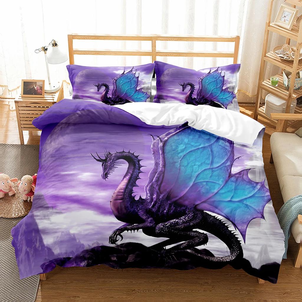 Purple Dragon Duvet Cover Jungle Animals Myths and Legends Dragon Children Boys Children Teens for Bedroom Decoration Queen King