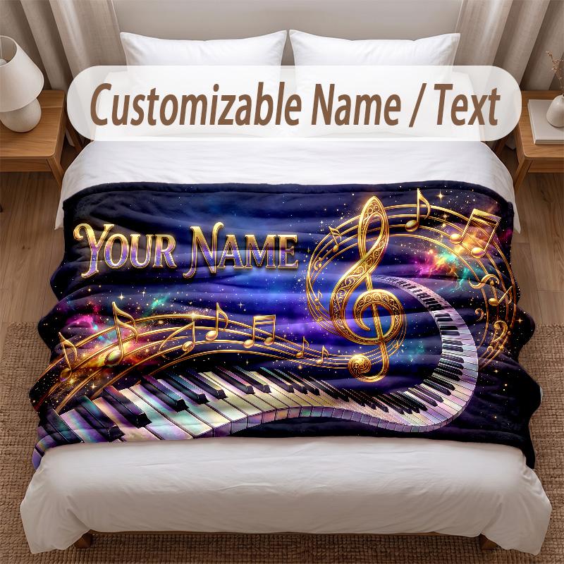 Music Piano Theme Soft Blanket Personalized Custom Name Text Print Warm Blanket Home Sofa Bedroom Decor