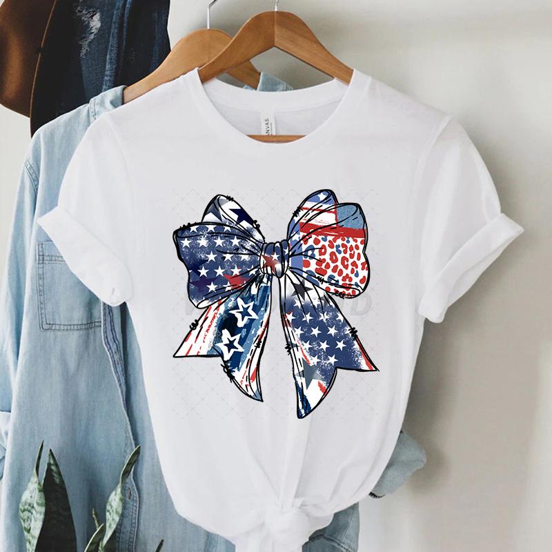USA Flag Coquette Bow Design Woman T-shirts July 4th Crew Neck Summer Clothes Men 4th of July Coquette Bow Shirts and Blouses