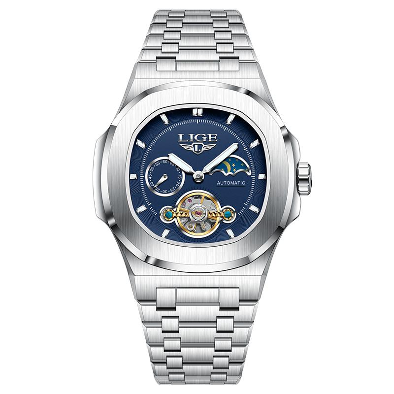 LIGE Dual Seconds Tourbillon Watch 24 Hour Mechanical Watch Men Stainless Steel Authentic Watch Night Glow Waterproof Mens Watch