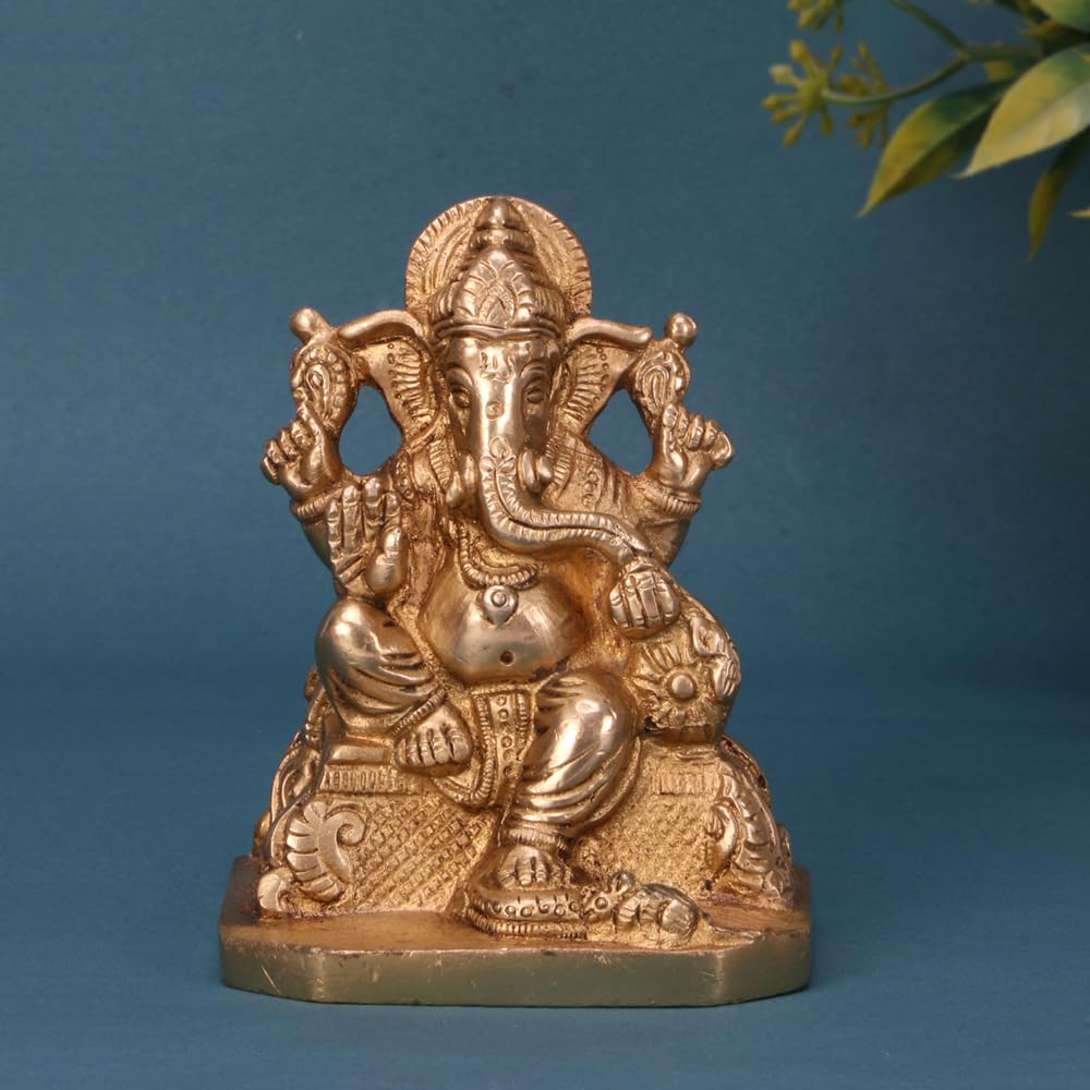 Pure Brass Ganesh Bhagwan Idol, Ganesha Ganpati Bappa Murti, Gold - 4 Inch