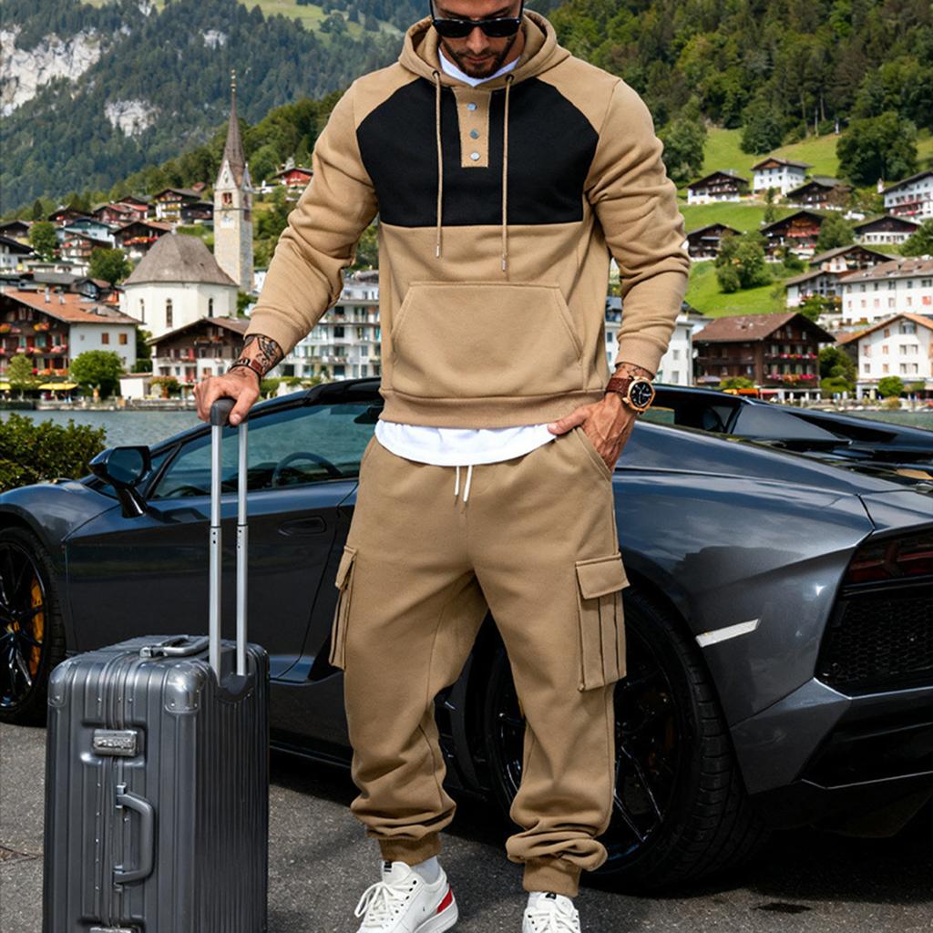 Lässiger Sportanzug für Herren: Kapuzen-Sweatshirt mit Kordelzug, Knopfleiste und Farbblockdesign mit Jogger-Taschen