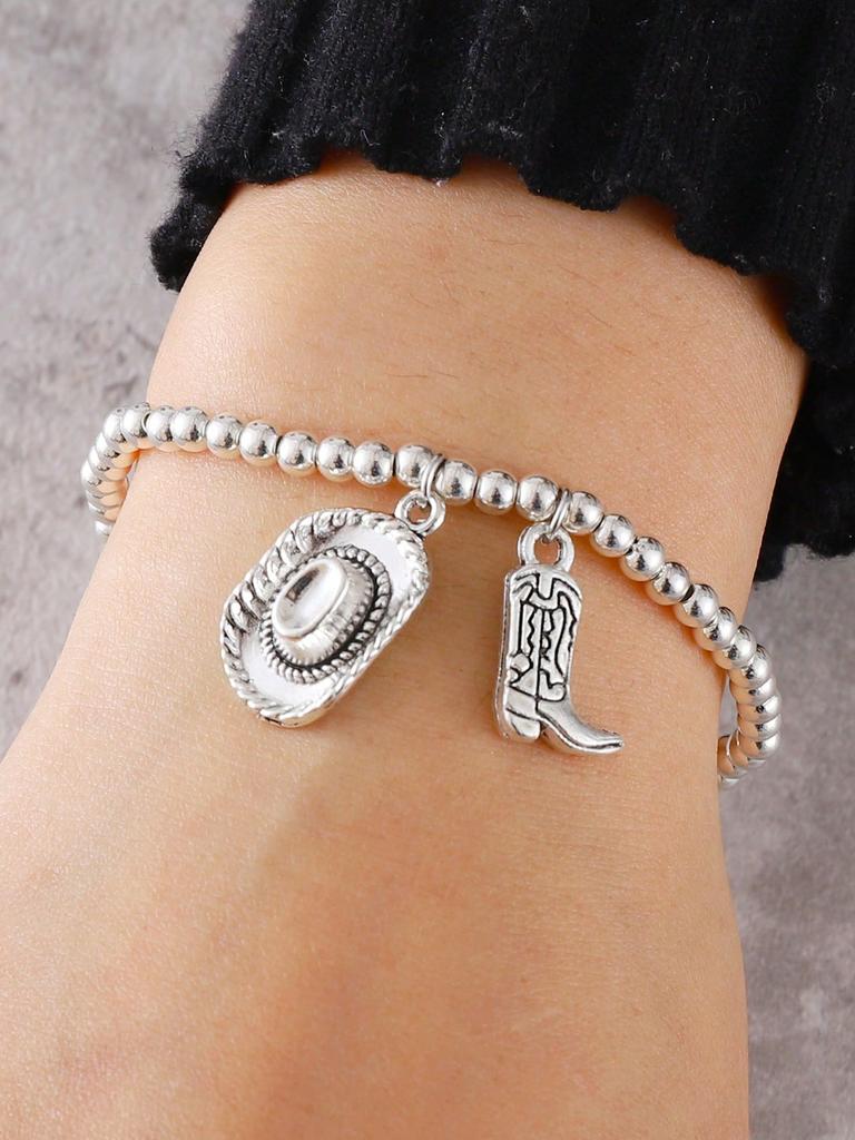 1 Pc Vintage Western Cowboy Hat, Boots Pendant Beads Bracelet,