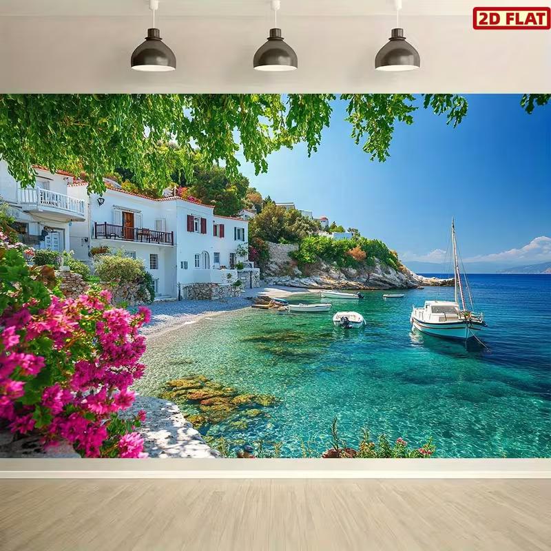 

2D Mediterranean Coastal Scenery Backdrop Blue Sea Sailboat Photo Background Cloth 47.2x31.5inch/120*80cm