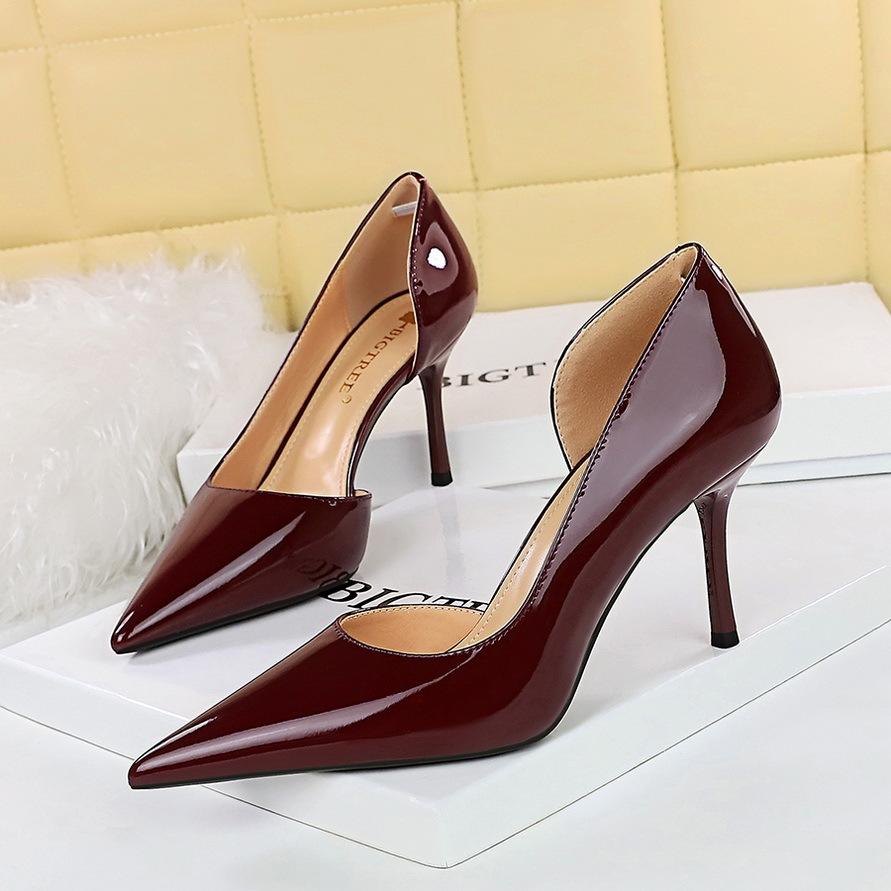 8cm Style Fashion Simple High Heels Women's Shoes Thin Heels High Heels Shallow Mouth Pointed Side Hollow Patent Leather Single Shoes Women