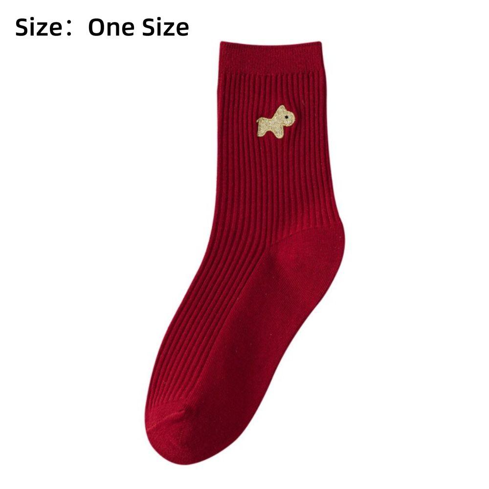 New Cartoon Embroidery Cotton Socks Red Casual Mid Tube Socks Sweat Absorption Anti-slip Socking Autumn Winter