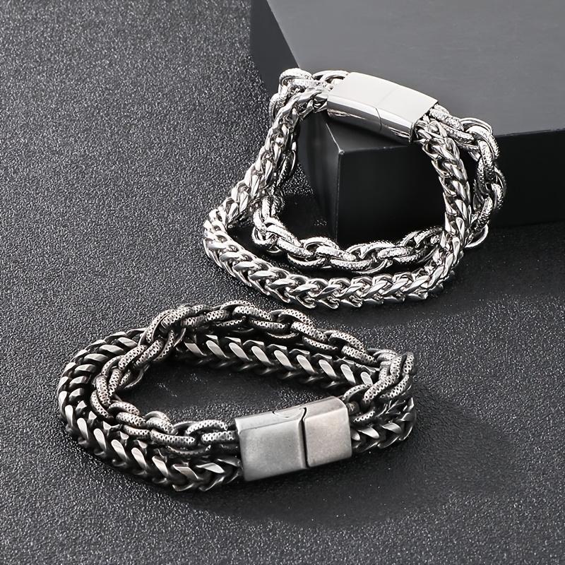 Men S Punk Rock Fashion Stainless Steel Double Layer Bracelet, Korean Style Cross-border Jewelry Gift, Gems Theme, 304L Stainless Steel Material