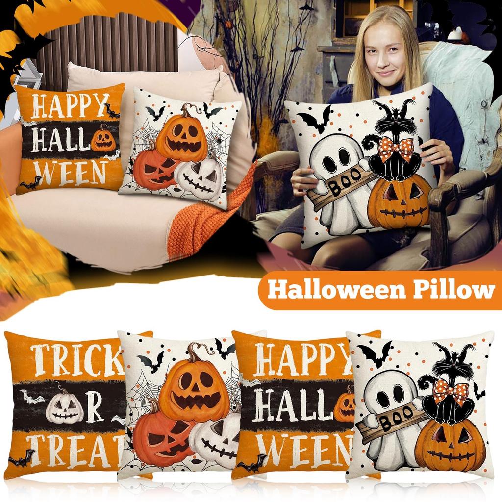 Halloween Decorative Linen Throw Pillow Cover With Single Sided Print (Pillow Insert Not Included)