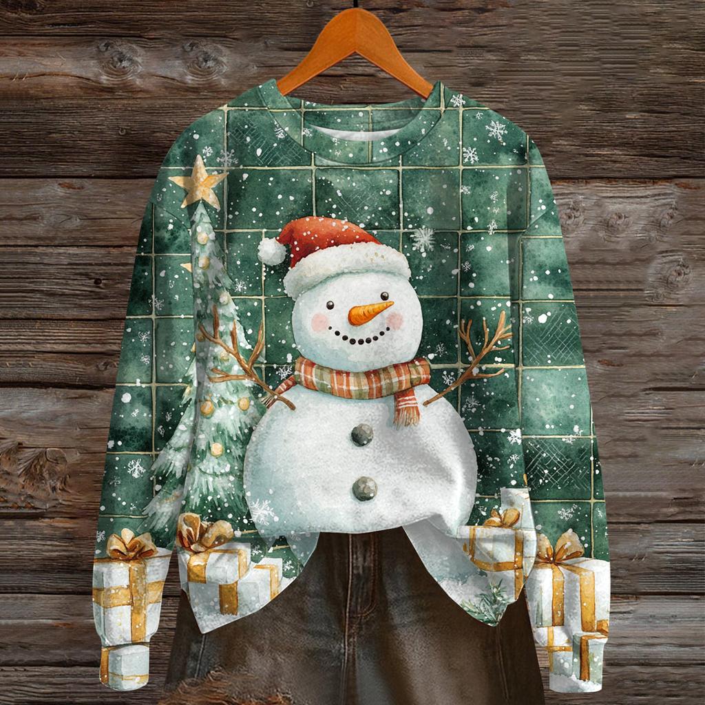 Damenmode Langarm Weihnachten Schneemann Schneeflocke Druck Jacke Strickjacke