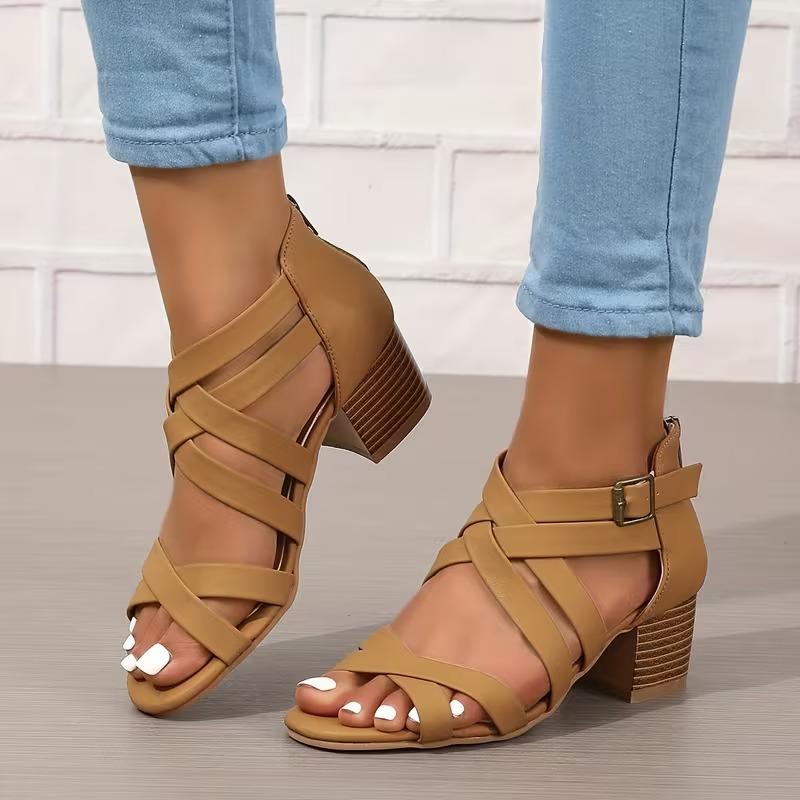 Cross-Tied Criss Cross Sandals Heels for Women Cutout Zip Up Open toe Block Heel Heels Sandals with Heels for Women