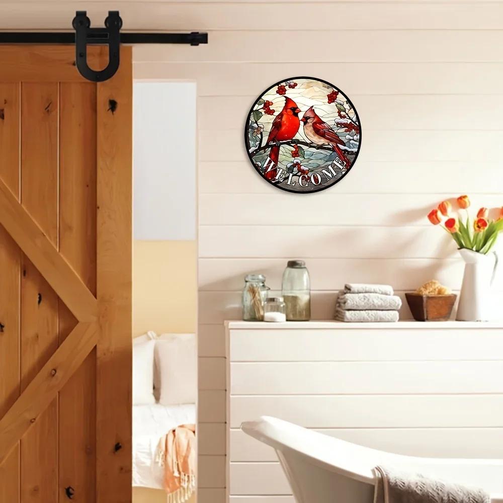 1pc, Cardinal and Holly Berry Welcome Wreath Sign, Winter Rustic Metal Tin Sign, Red Bird Decorative Stained Glass Wall Hanging