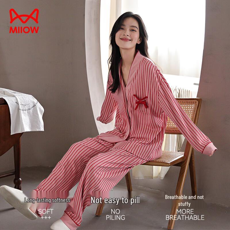 Mao Ren Women's Berry Red Striped 100% Cotton Pajama Set