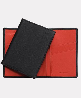 Matt Saffiano Cowhide Combination Passport Wallet Black + Red Orange