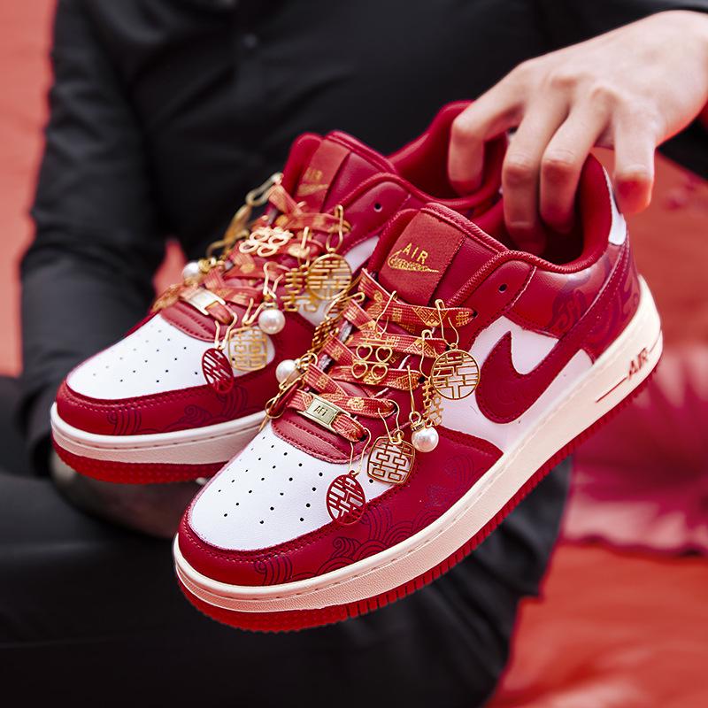 AJ1 Wedding Shoes: Bridal and Groom Flat-Soled Sneakers - Red, Dual-Function for Wedding Dress or Casual Wear.