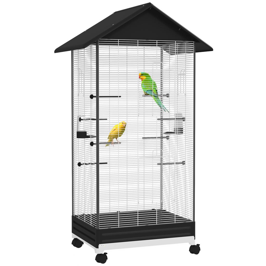 Bird Cage with Wheels and Removable Tray, 155cm High Aviary with Perches and Feeders, Black