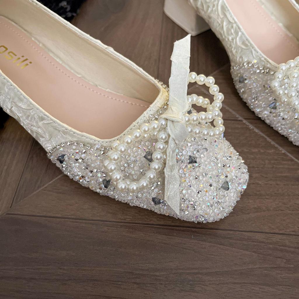 Damenschuhe mit eckiger Spitze, flachem Ausschnitt, neue Frühlings- und Herbstschuhe, temperamentvoller Strass-Schleife, dicker Absatz, temperamentvolle Damenschuhe