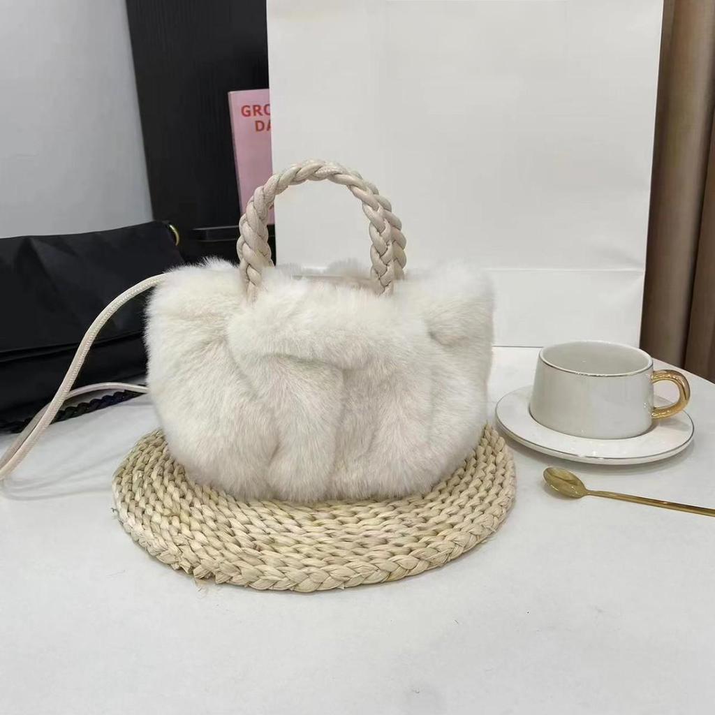 Handheld Fluffy Pumpkin Pleated Cloud Crossbody Bag - Faux Rabbit Fur Plush