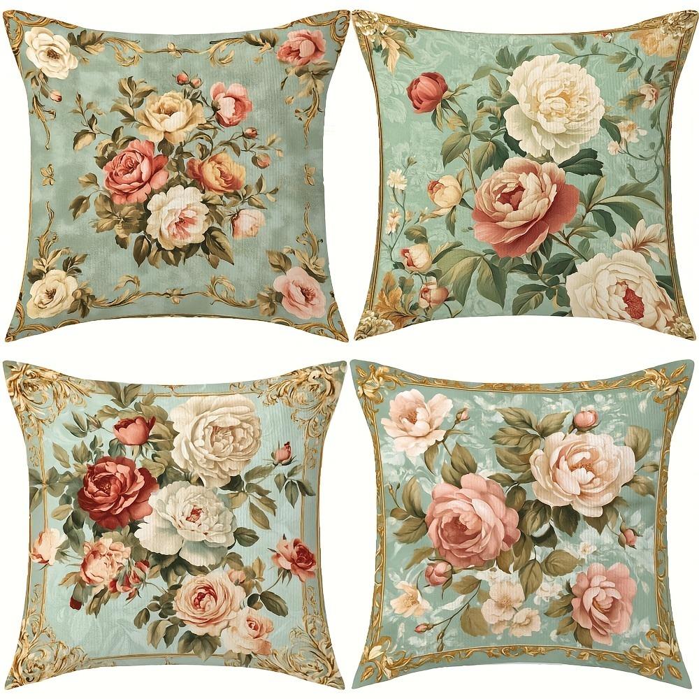 Vintage Light Green Rose Pattern Home Decor Pillowcase Living Room Sofa Polyester Cushion Cover with Zipper