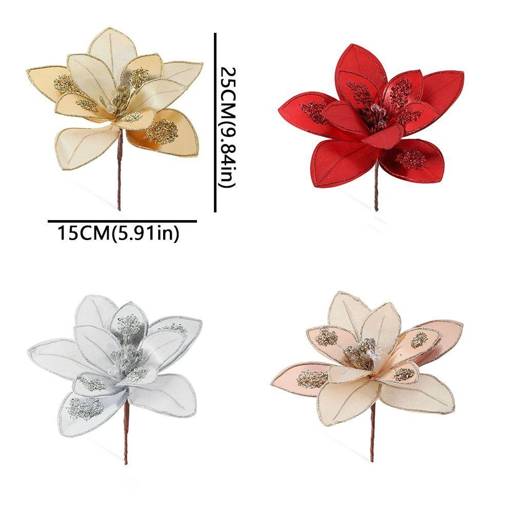 Sparkling Artificial Poinsettia Flower Pick Sequins Christmas Tree Floral Spray Wedding Party