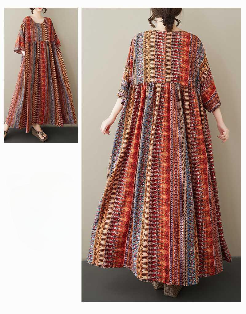 Printed Round Neck Shoulder with Sleeves, Large Swing Striped Dress for Women