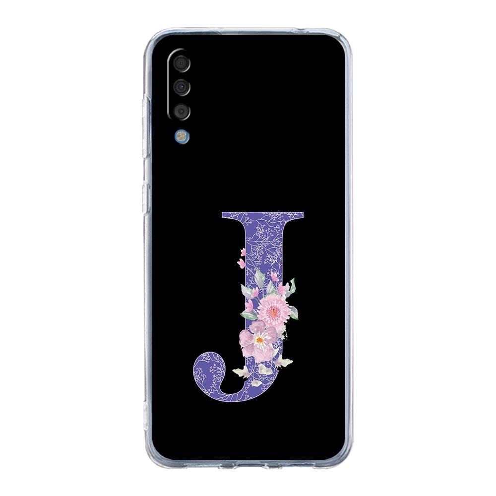 Case For Samsung A56 A36 A26 A16 A14 A12 A22 A32 5G A34 A42 A52 A54 A50 A70 A40 A20E A04S A06 Cover Initial Letter Purple Flower