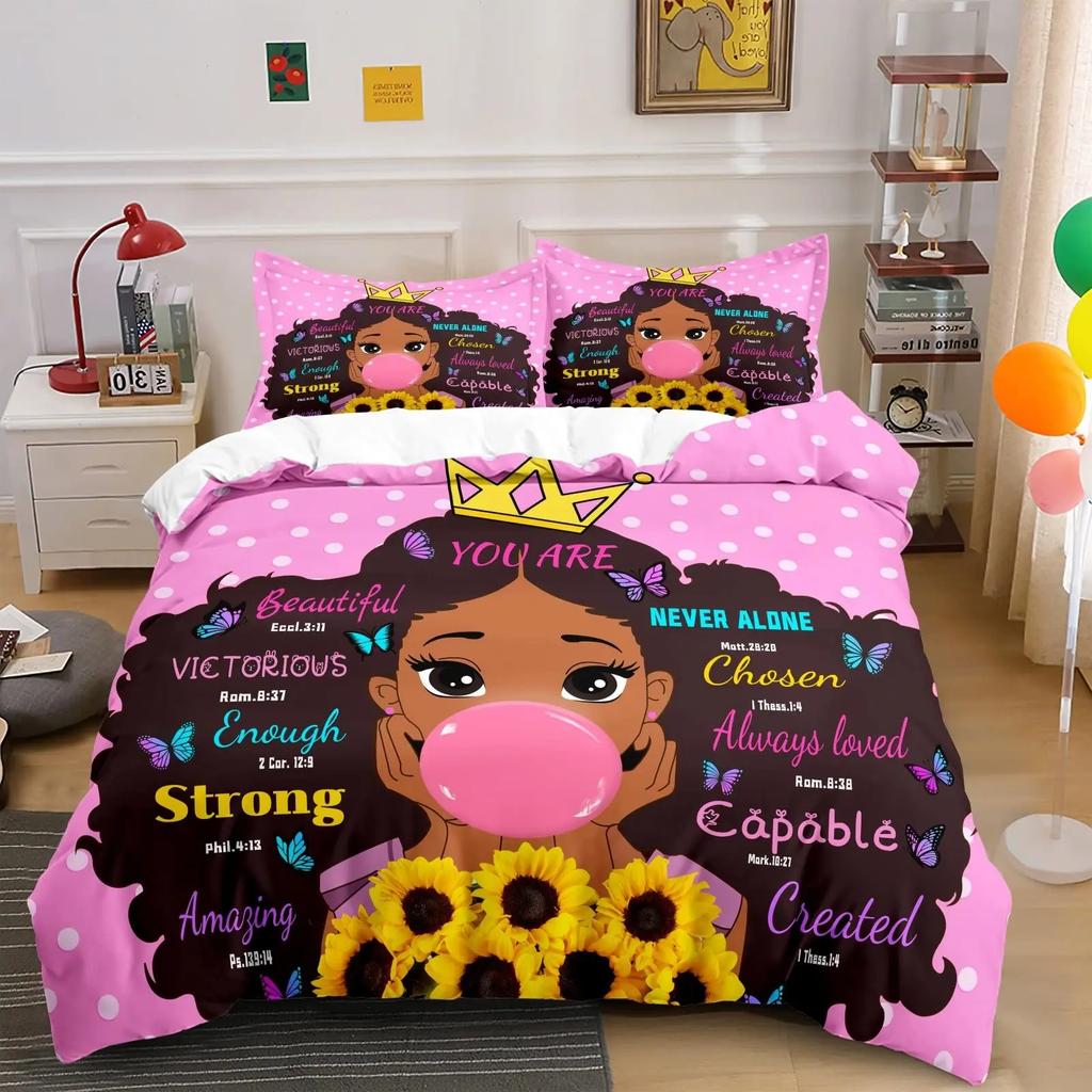 American Black Girl Duvet Cover SetBlack Girl Magic Bedding Set Full SizeCute Little Afro Black Princess Comforter Cover Sets