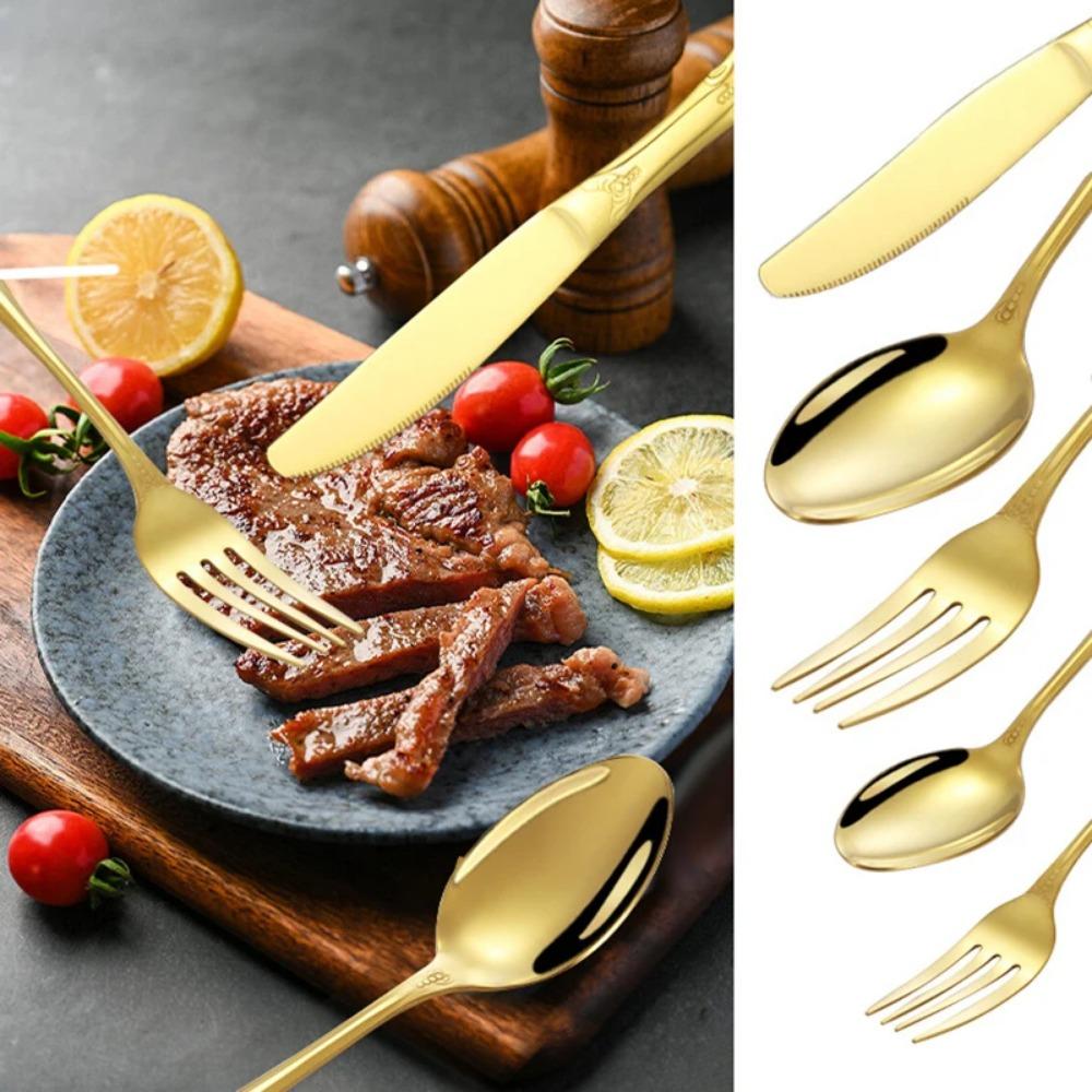 6/30pcs Gold Embossed High-end Stainless Steel Tableware Huangting Western Steak Knife and Fork Spoon Dessert Spoon and Fork
