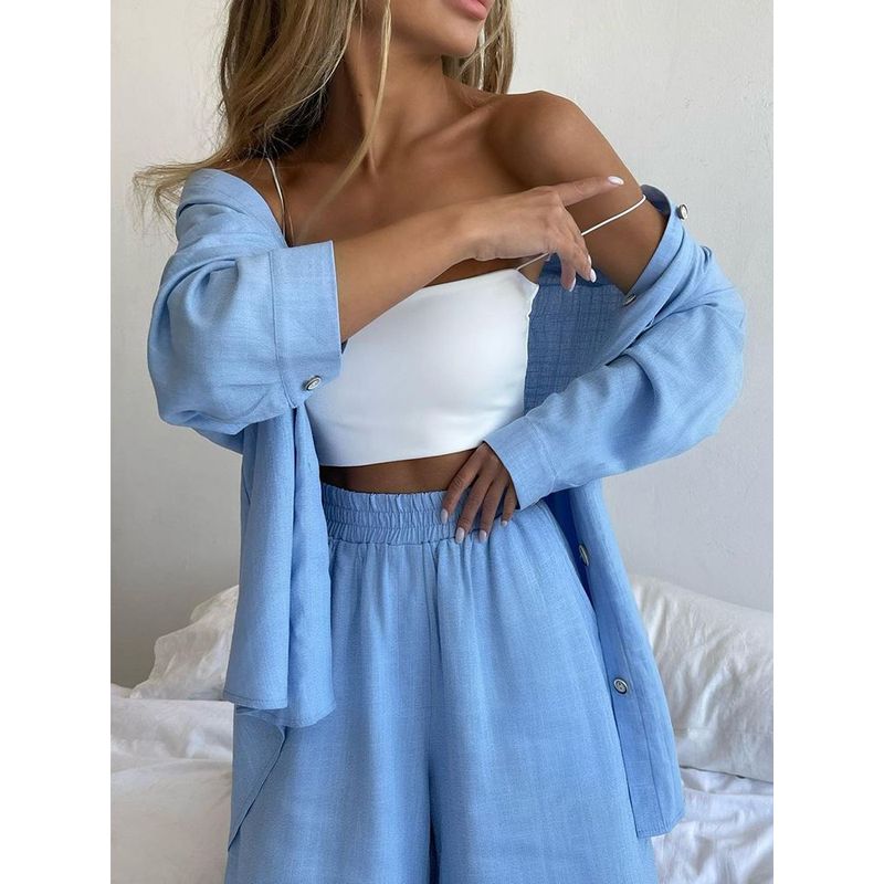 Fashion Spring and Summer Two-Piece Set Long Sleeves Lapel Shirt Shorts Loose Fashion Casual Set Casual Suit