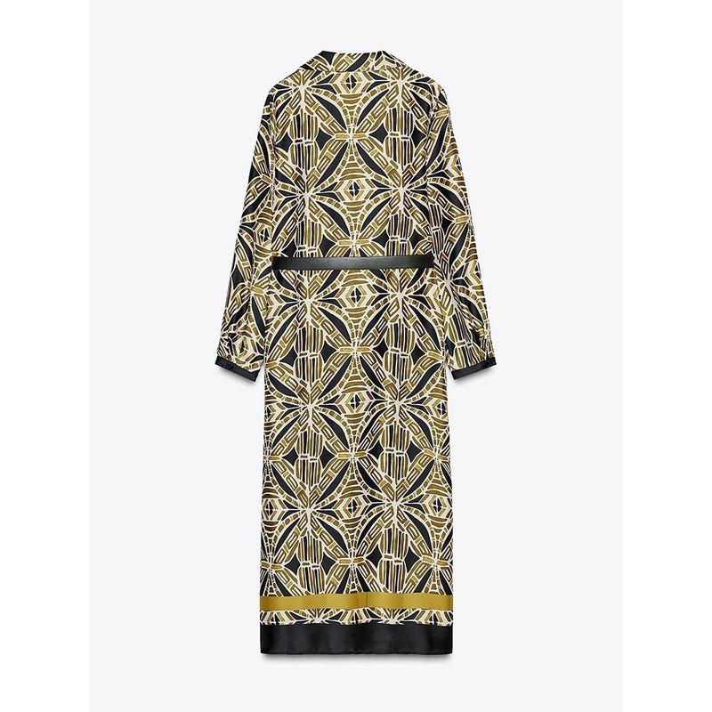 Za2025 Spring New Women's Clothing Elegant with Belt Printed V-neck Long Sleeves Midi Skirt Dress 3897055