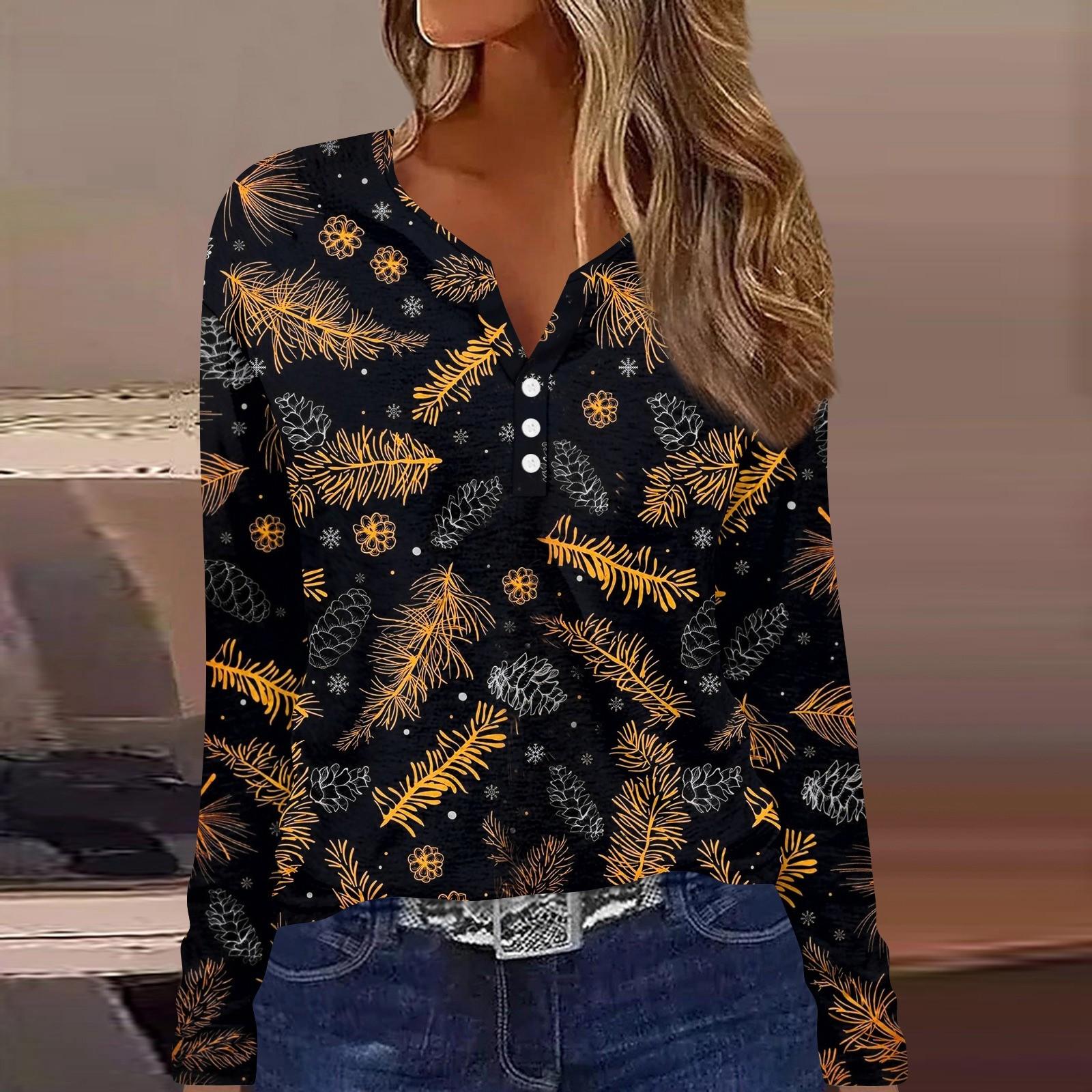 

Длинные рукава женские топы с цветочным принтом винтажная мода повседневные свободные с V-образным вырезом рубашки больших размеров Рождество XXXL чёрный