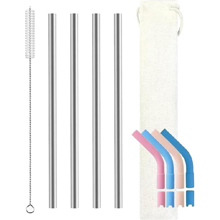 Pure Titanium Reusable Straws with Silicone Tips,Travel Case & Cleaning Brush,BPA Free & Eco Friendly,Dishwasher Safe,Fits 20-30oz Tumblers (Titanium