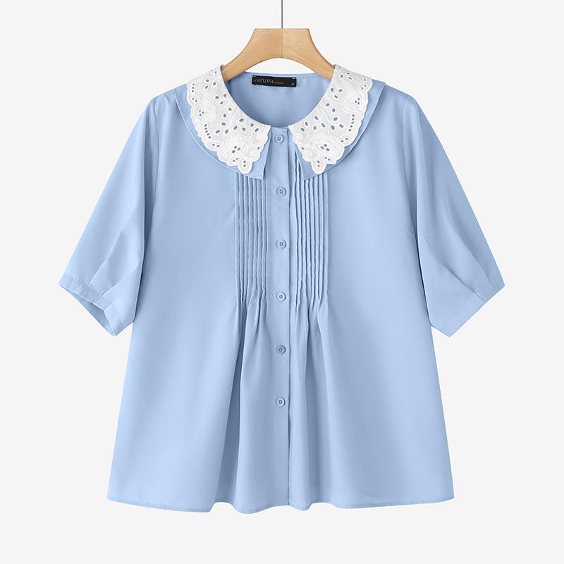 

ZANZEA Женская кружевная лоскутная круглая горловина Повседневная блузка с коротким рукавом 5XL