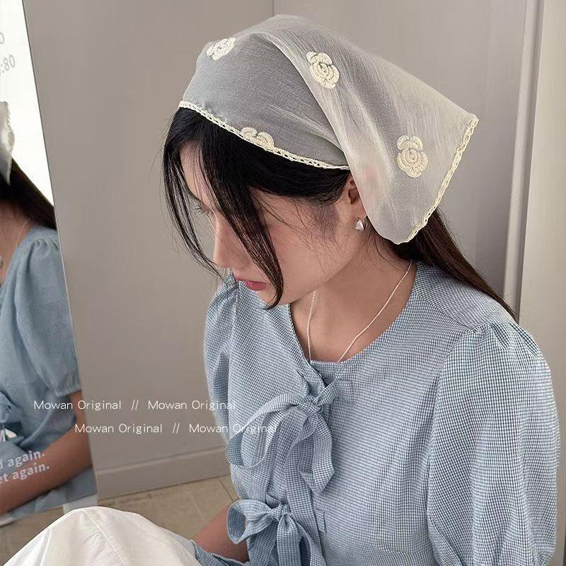 2025 Pastoral Style Lace Triangle Scarf & Plaid Ribbon Hairband