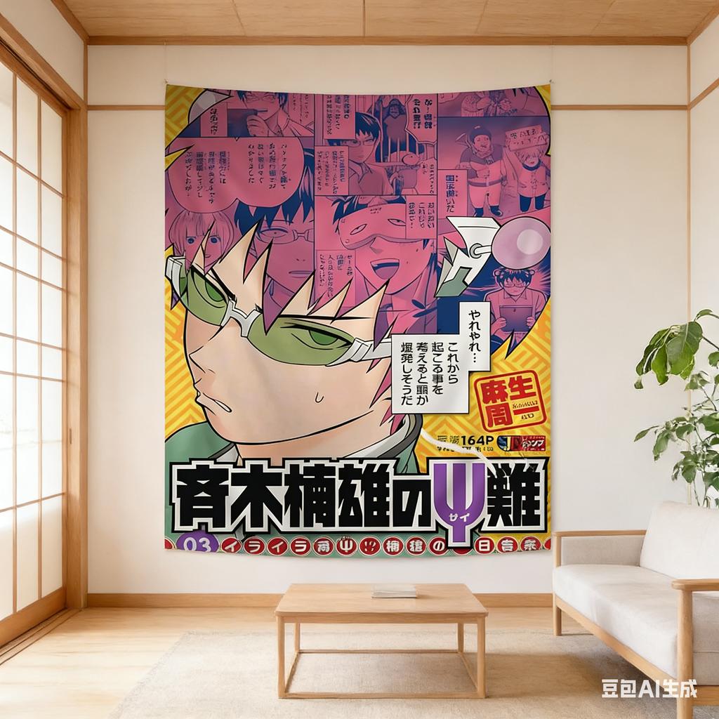 1pc Manga Style Saiki K Tapestry Japanese Anime Collage Print Polyester 2D Wall Art Aesthetic Backdrop for Bedroom Dorm Otak