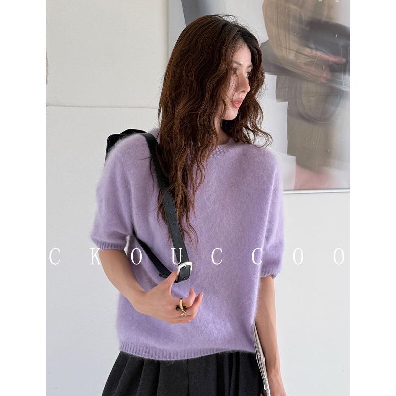 Rong Tai Women's Multi-color Cashmere Knit Top - Round Neck, Mid-Sleeve, Soft & Loose