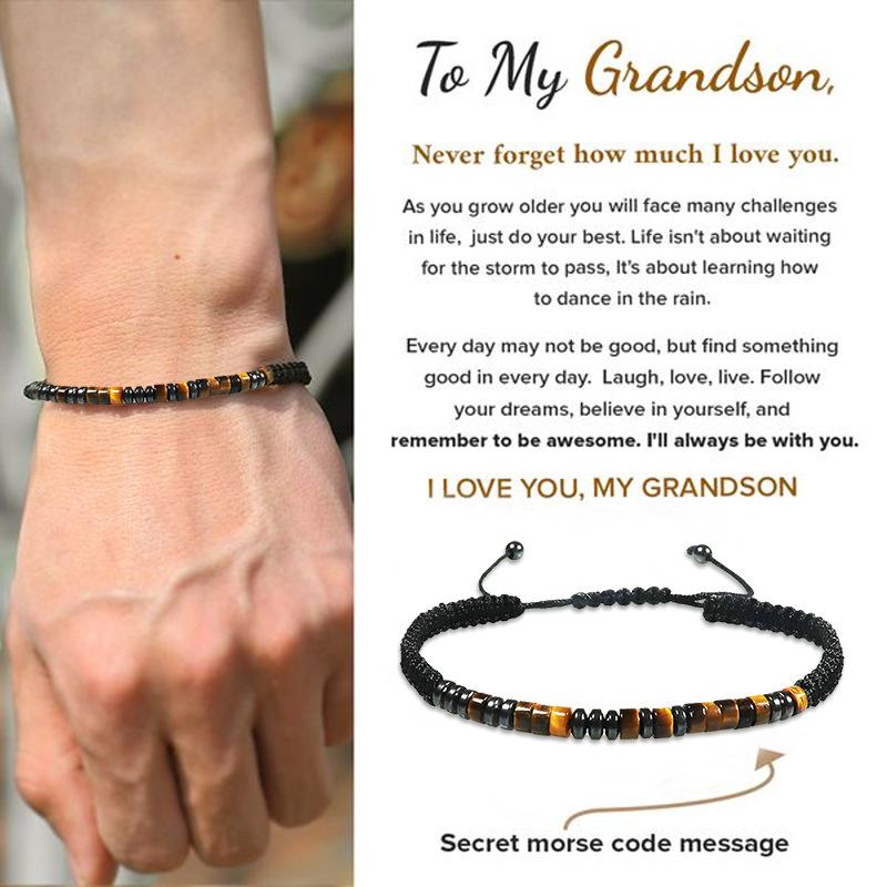 European and American fashion simple bracelet unisex black iron stone spacer obsidian rope woven Morse code bracelet
