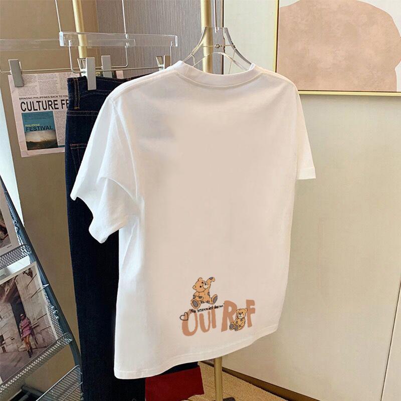 Apricot shoulder cartoon print short-sleeved t-shirt women's summer white cotton loose top