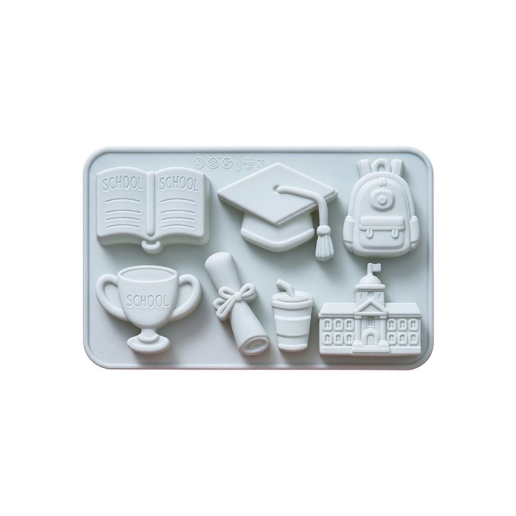 Silicone Mold for Cake Chocolate Graduation Themed Shapes Including Book Trophy Diploma Cap Backpack School Building Design