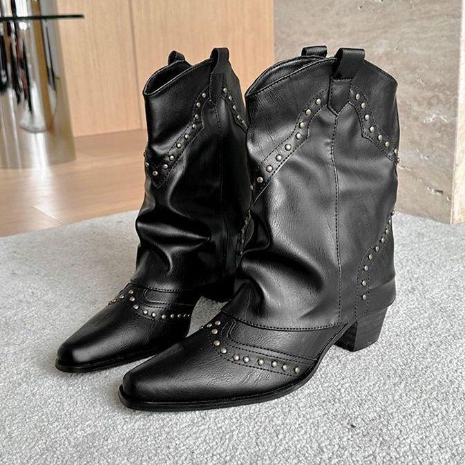 Autumn New Pants Boots Women's Short Boots Niche Design Retro Rivet Thick Heel Western Cowboy Boots Medium Tube Martin Boots