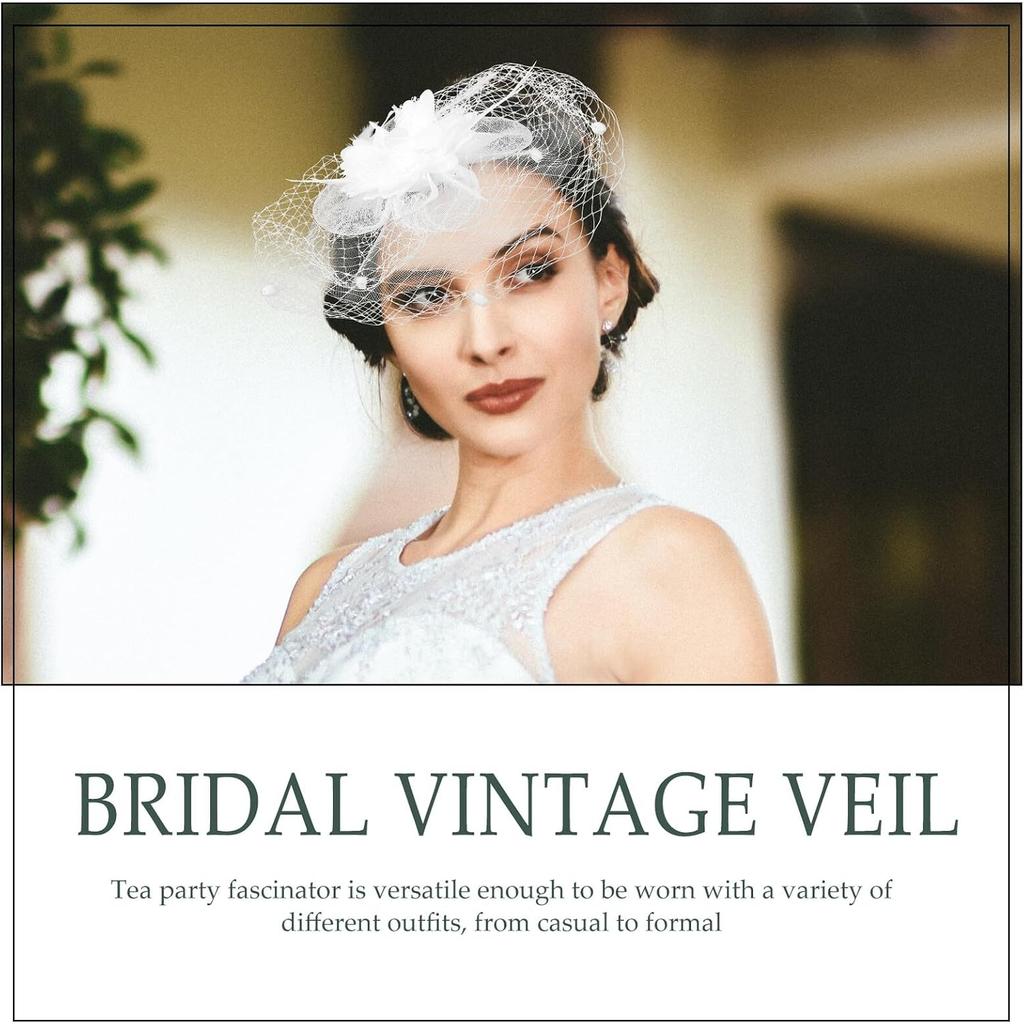 Decorative Hat with Veil and Floral Mesh Clip, White Tea Party Headpiece for Women Wedding Cocktail Special Occasion Accessories