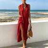 Women Stand Collar Sleeveless Dress Deep V Neck Side Slit Tunic Dress Casual Vacation Long Dress with Pockets