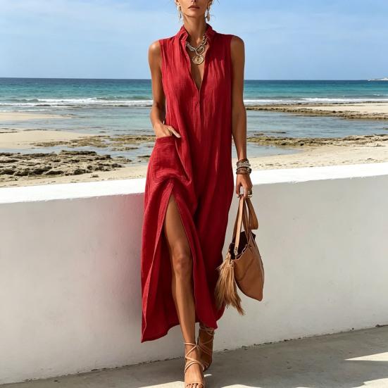 Women Stand Collar Sleeveless Dress Deep V Neck Side Slit Tunic Dress Casual Vacation Long Dress with Pockets
